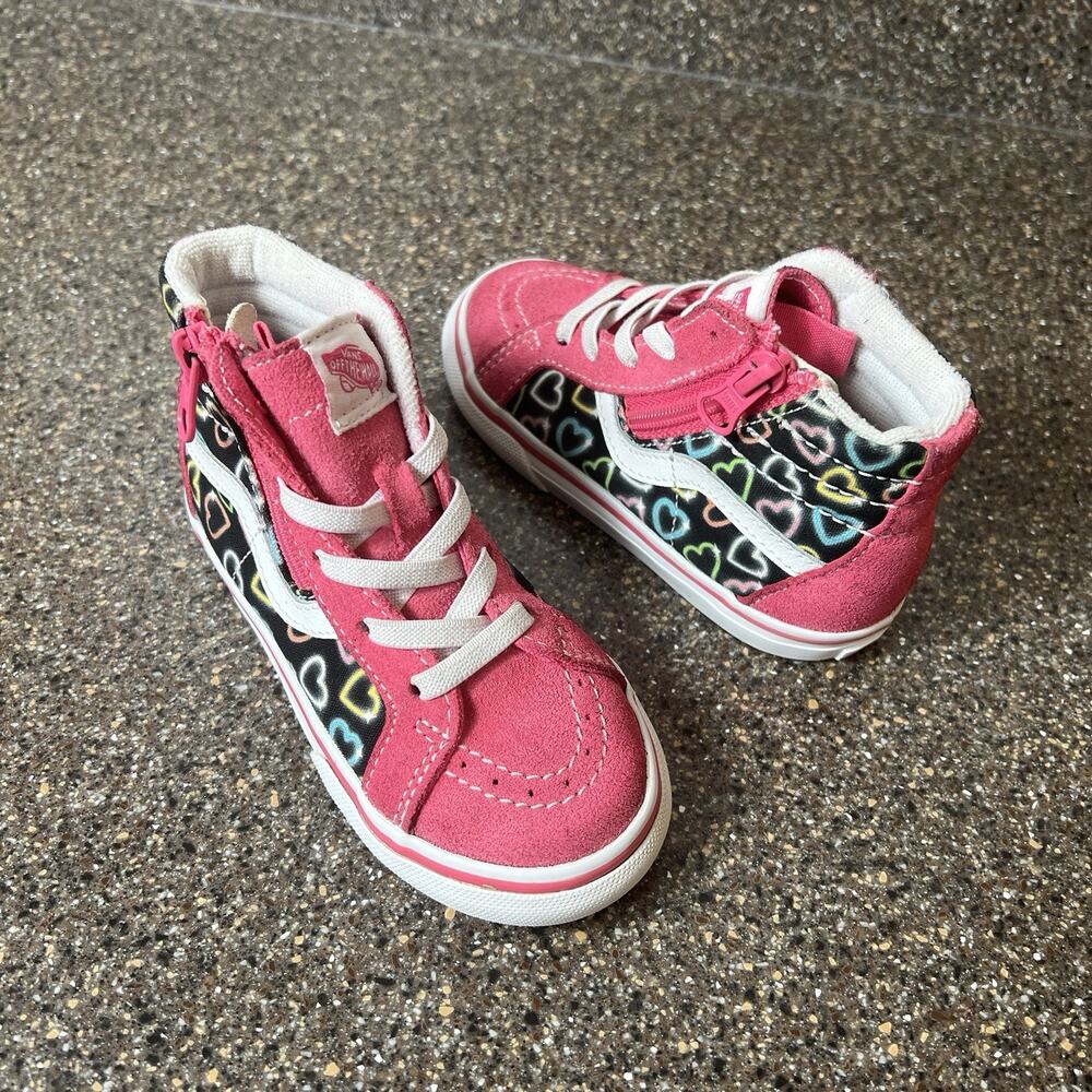 Vans Sk8 Little Girls Toddler 8.5 Pink Heart Print Suede Canvas Sneakers Lace Up